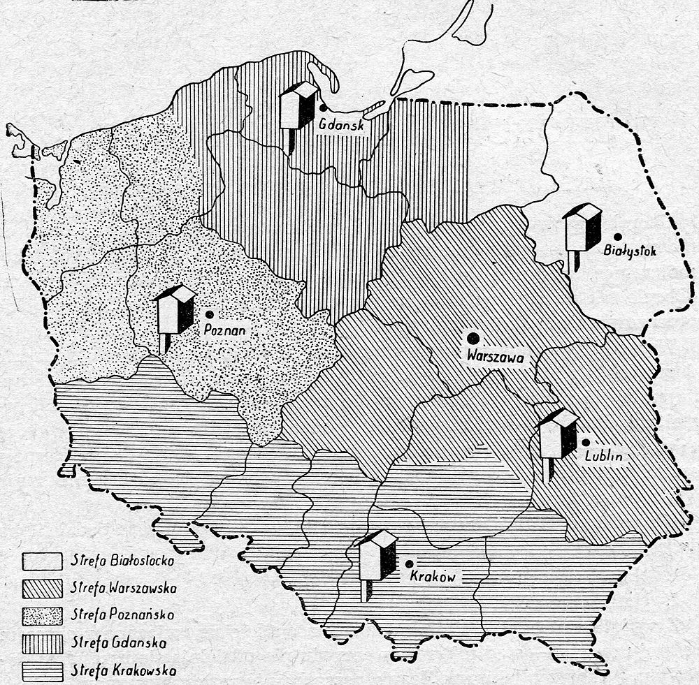 Podział Polski na strefy hodowli matek pszczelich (ryc. zaczerpnięta z książki Pszczelarstwo prac. zbior. PWRiL, Warszawa 1951, str. 209)